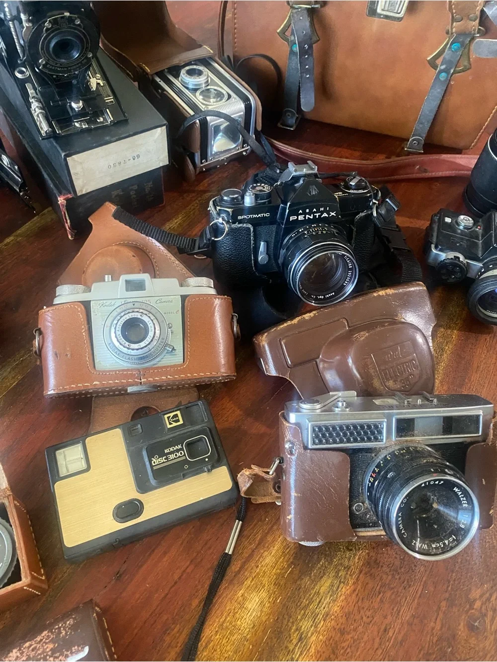 Vintage Mixed Film Cameras Bundle - Brown Leather Cases